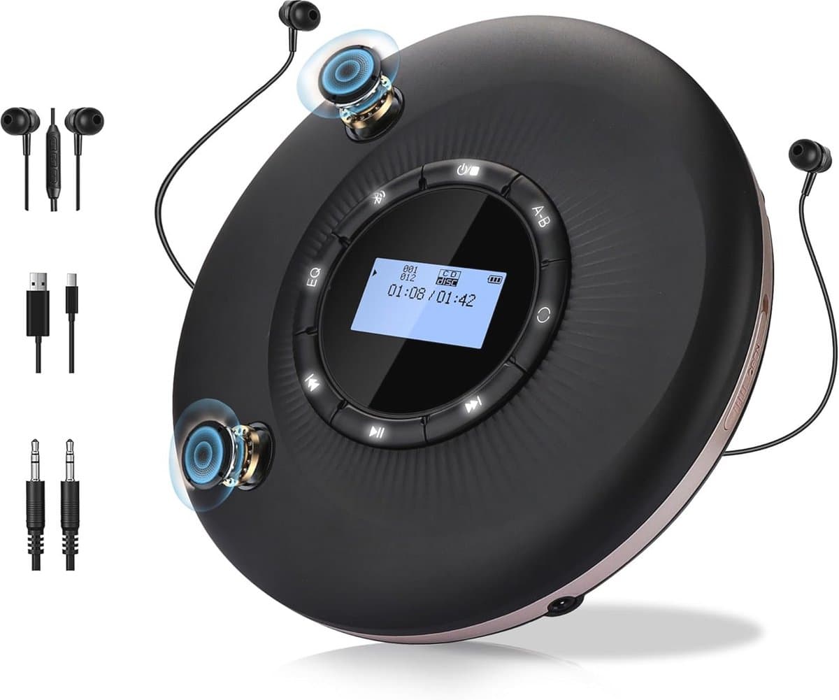 Draagbare CD-speler met Bluetooth en Oplaadbare Batterij - Stereo Dubbele Luidsprekers en Antischokfunctie