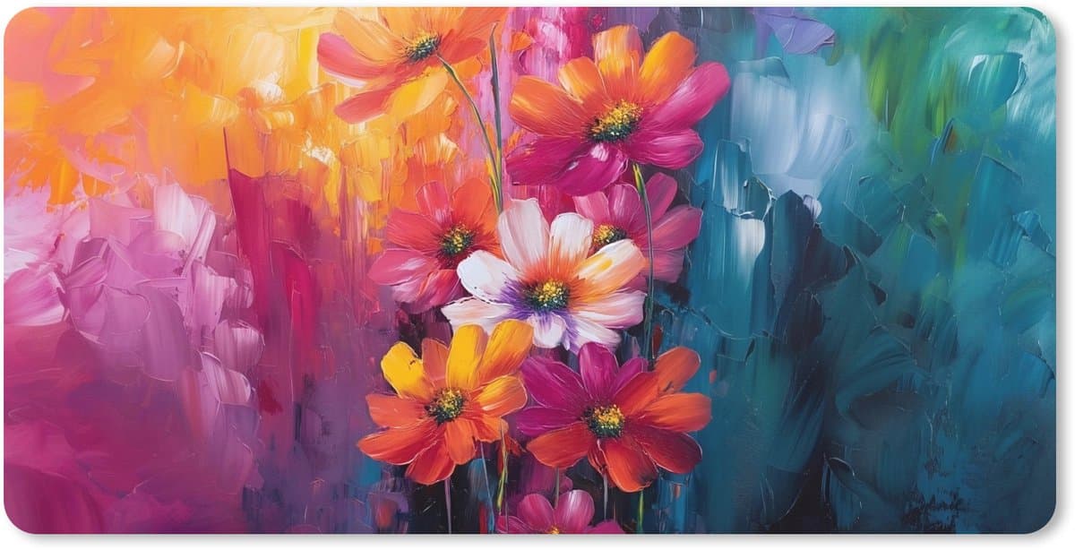 Muismat XXL 90x45 cm - Bureau onderlegger - Bureau mat Felle bloemen - Dynamisch - Levendig - Bureaumat - Gaming mousepad xl - Bureaulegger groot - Computer deskmat