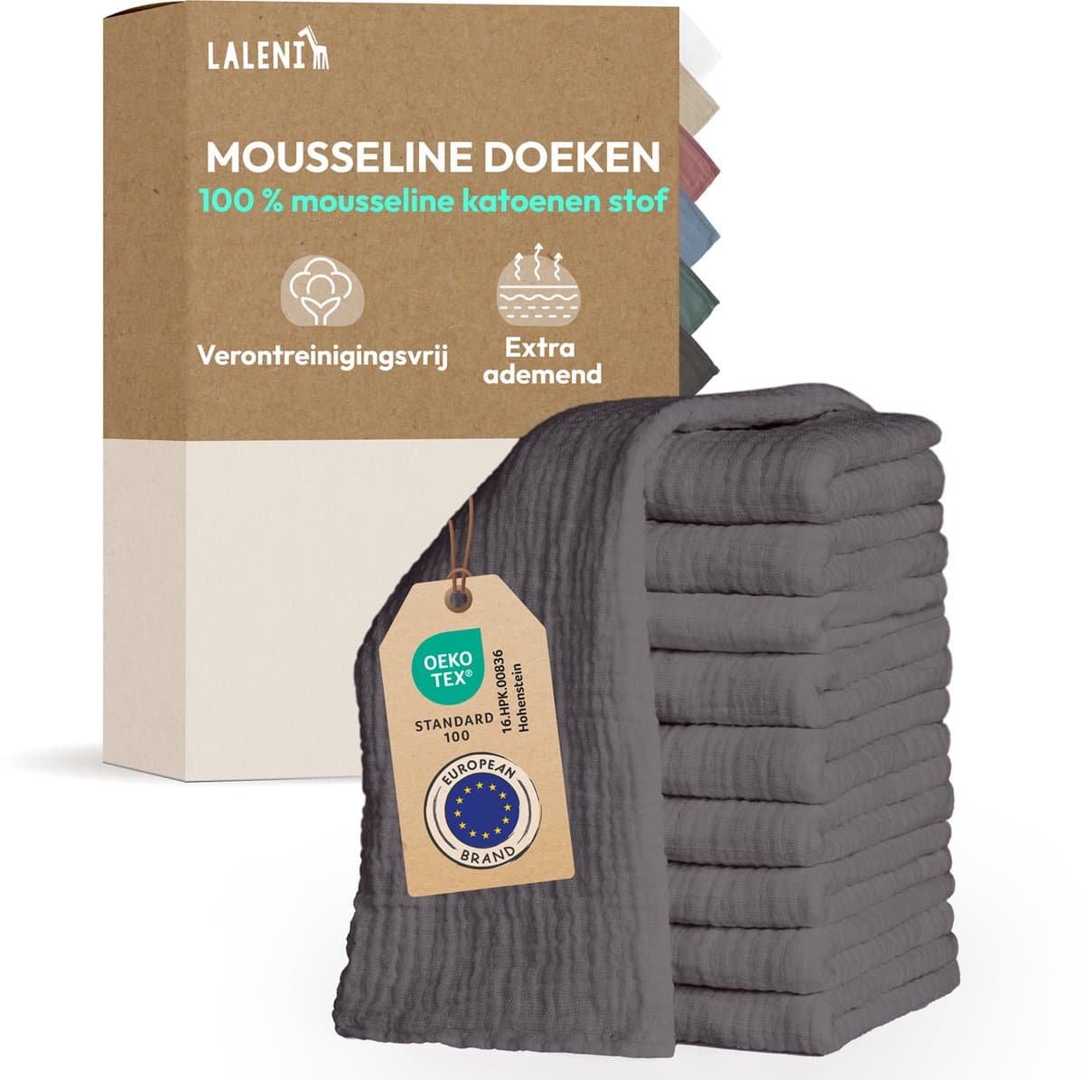 Laleni Hydrofiele Doeken - 100% Katoen - Mousseline - 70x70cm - Antraciet - Set van 20