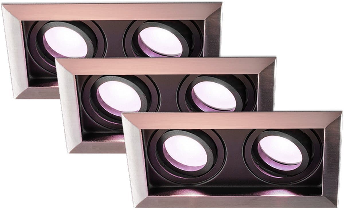 HOFTRONIC - Set van 3 Durham Dubbel Smart Inbouwspots vierkant RVS - GU10 - 10 Watt 690 Lumen - RGB WW (16,5 miljoen kleuren) - WiFi + Bluetooth - Kantelbaar - Diameter 100x185mm - Smart spotjes 2 lichts