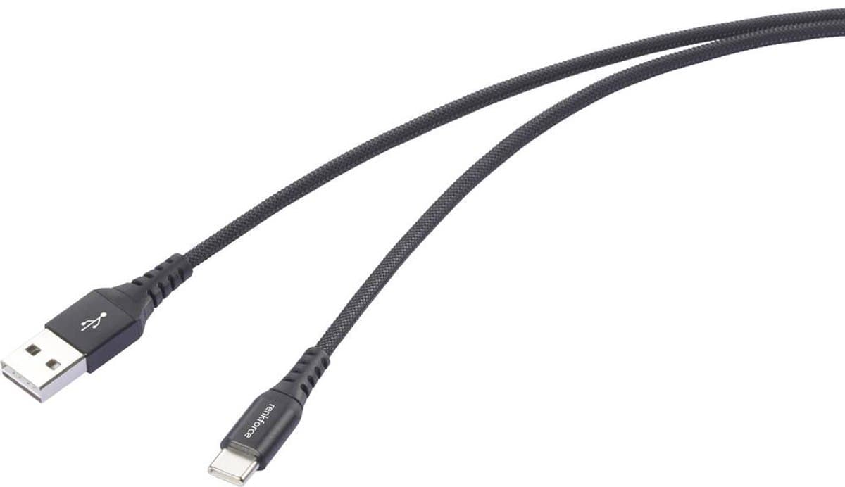 Renkforce RF-6872332 USB-kabel USB 2.0 USB-A stekker, USB-C stekker 1.00 m Zwart Zeer flexibel, Extreem robuust gevloch