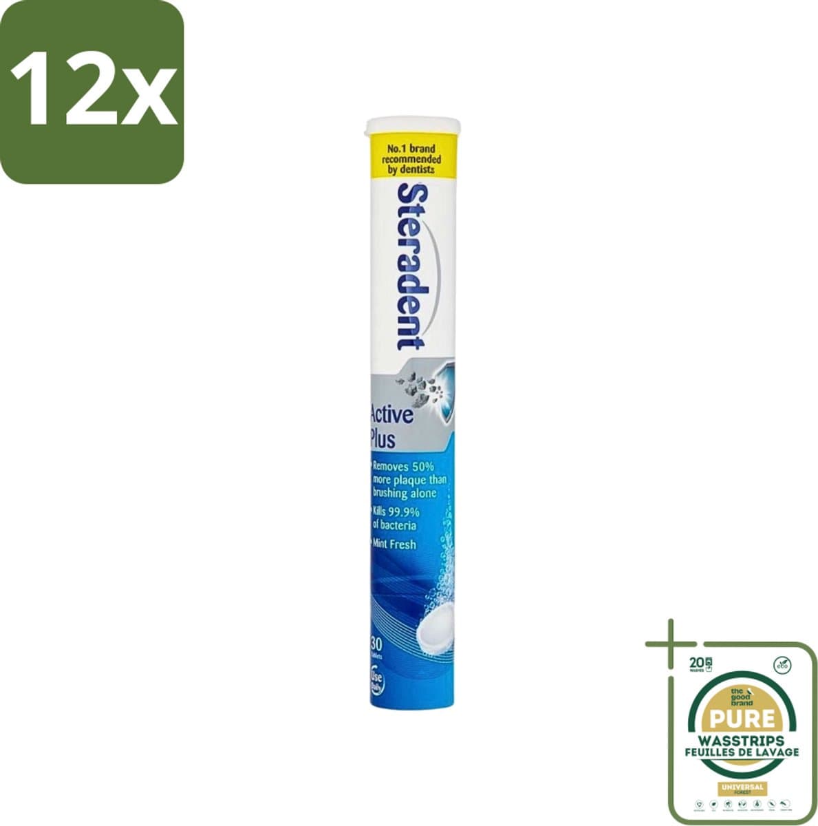 Steradent - Reinigingstabletten - Active Plus - Tegen Tandsteen & Bacteriën - 30 Tabletten - Voordeelverpakking - 12 stuks - Bacteriën doden - Mondhygiëne