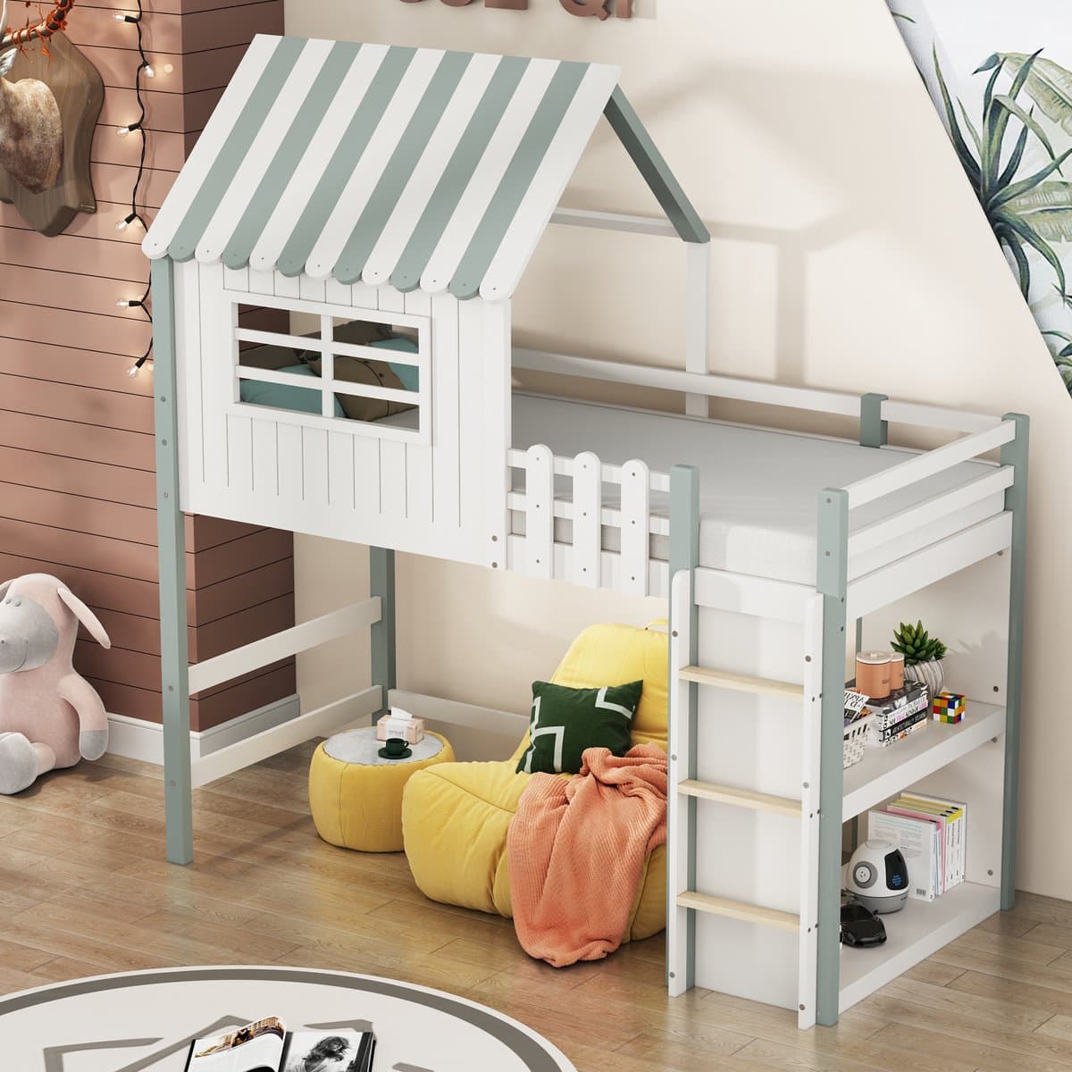 HAUSS SPOLE Huisbed 90x200 cm - Kinderbed Met Dakvorm En Veiligheidshek - Met Opbergruimte En Speelruimte - Massief Grenen - Groen - Zonder matras