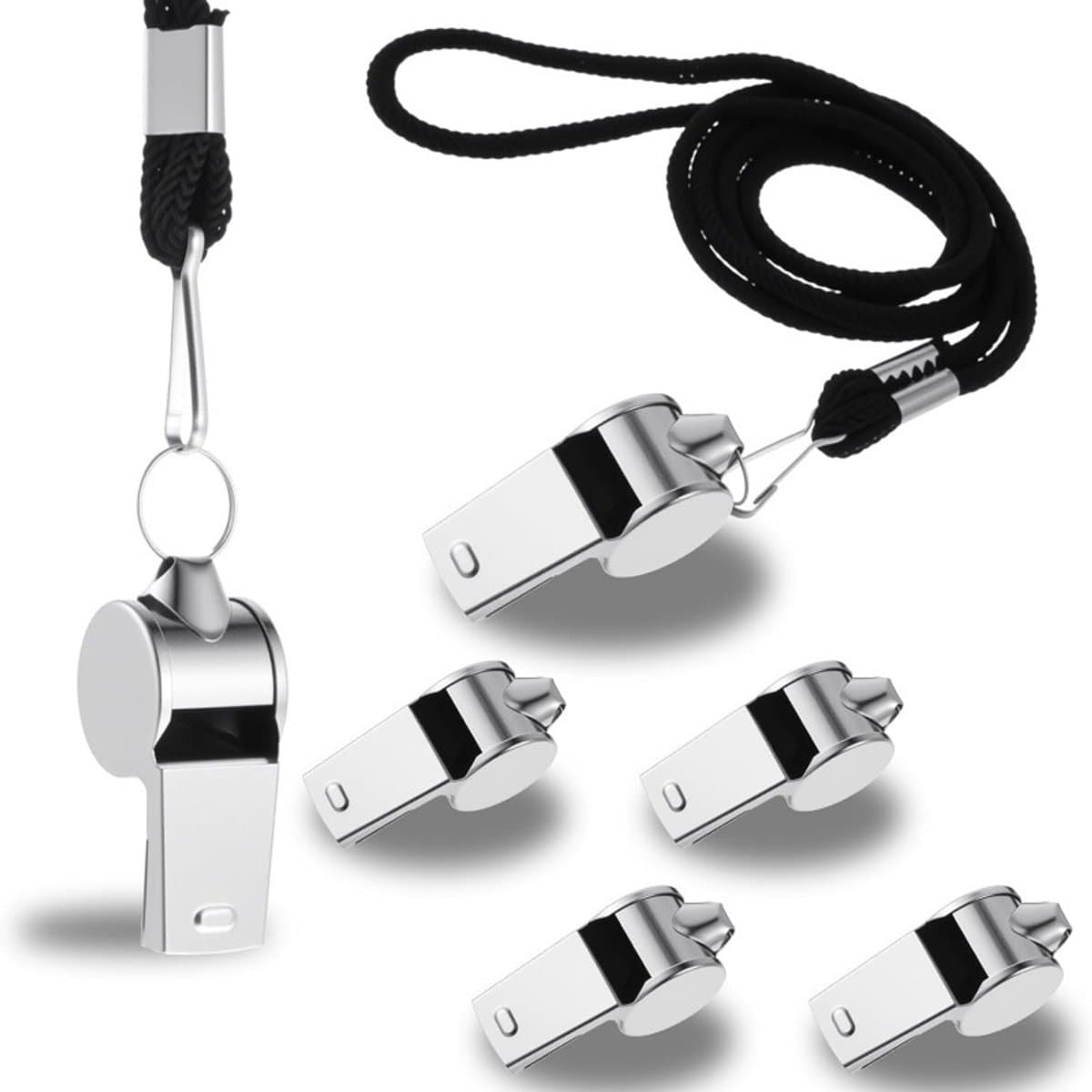 Een set van 6 roestvrijstalen fluitjes met koordjes, die een helder en resonant geluid produceren, geschikt voor coaches, scheidsrechters en sportevenementen. (4 x 1,5 cm)