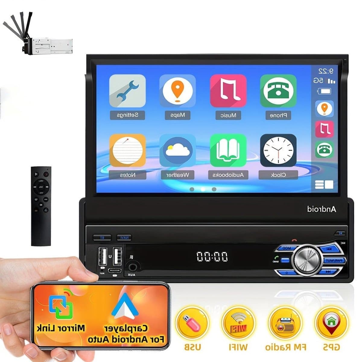 Autoradio – Android Auto – Car Stereo – Single DIN – Multimedia Speler – 17,78 cm Uitschuifbaar Touchscreen – Wifi & GPS – Draadloze FM RDS Radio