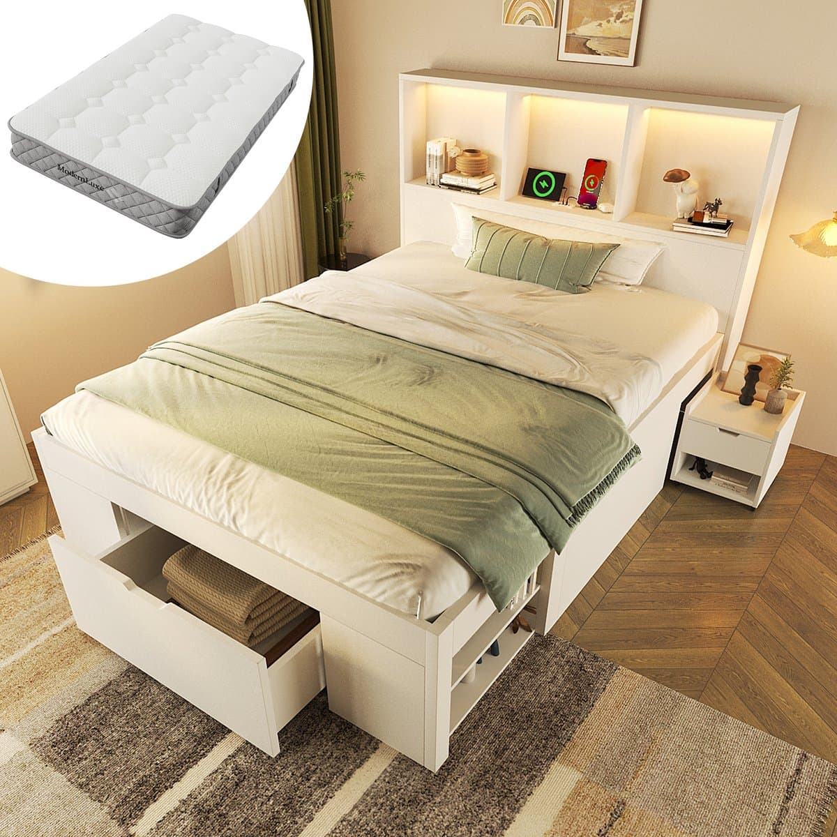 FloraGrace Eenpersoonsbed 90x200 cm - Led en USB C - Met Opbergruimte en Verplaatsbaar Nachtkastje - Hout - Wit - Met Matras