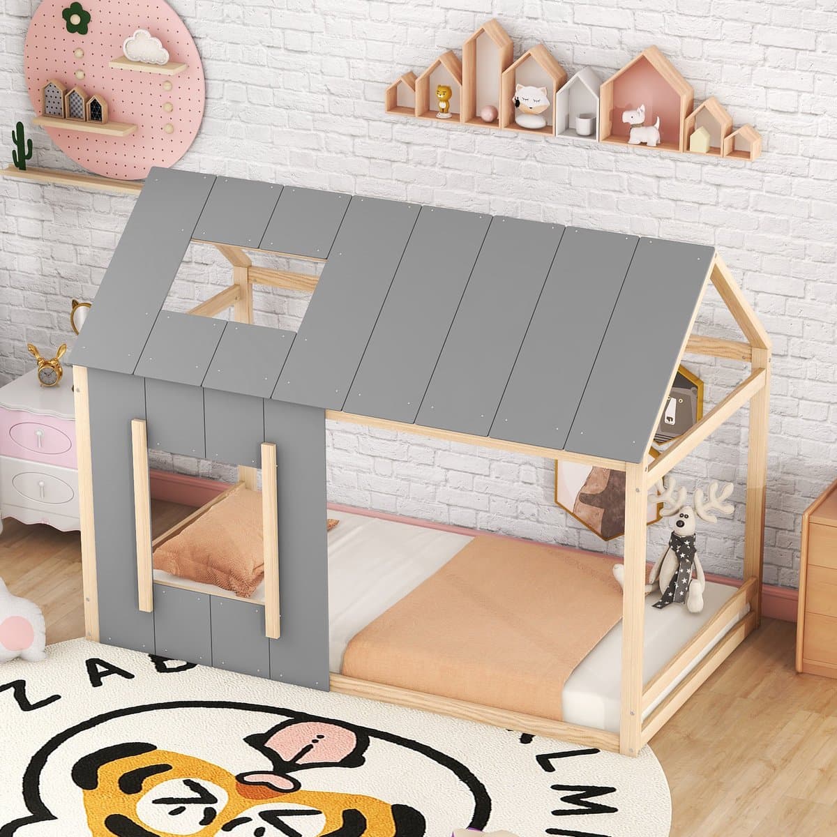 FloraGrace Kinderbed 90x200cm – Huisbed Met Dak En Raam – Met Lattenbodem – Zonder Matras – Voor Kinderkamer – Grenenhout En MDF – Naturel Grijs