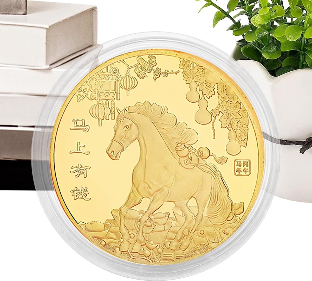 Geluksmunt Paardenamulet - Herdenkingsmunt Dierlijk Figuur - Speciale Gelegenheden - Gebooseld Metaal Ambacht - 45 cm Diameter