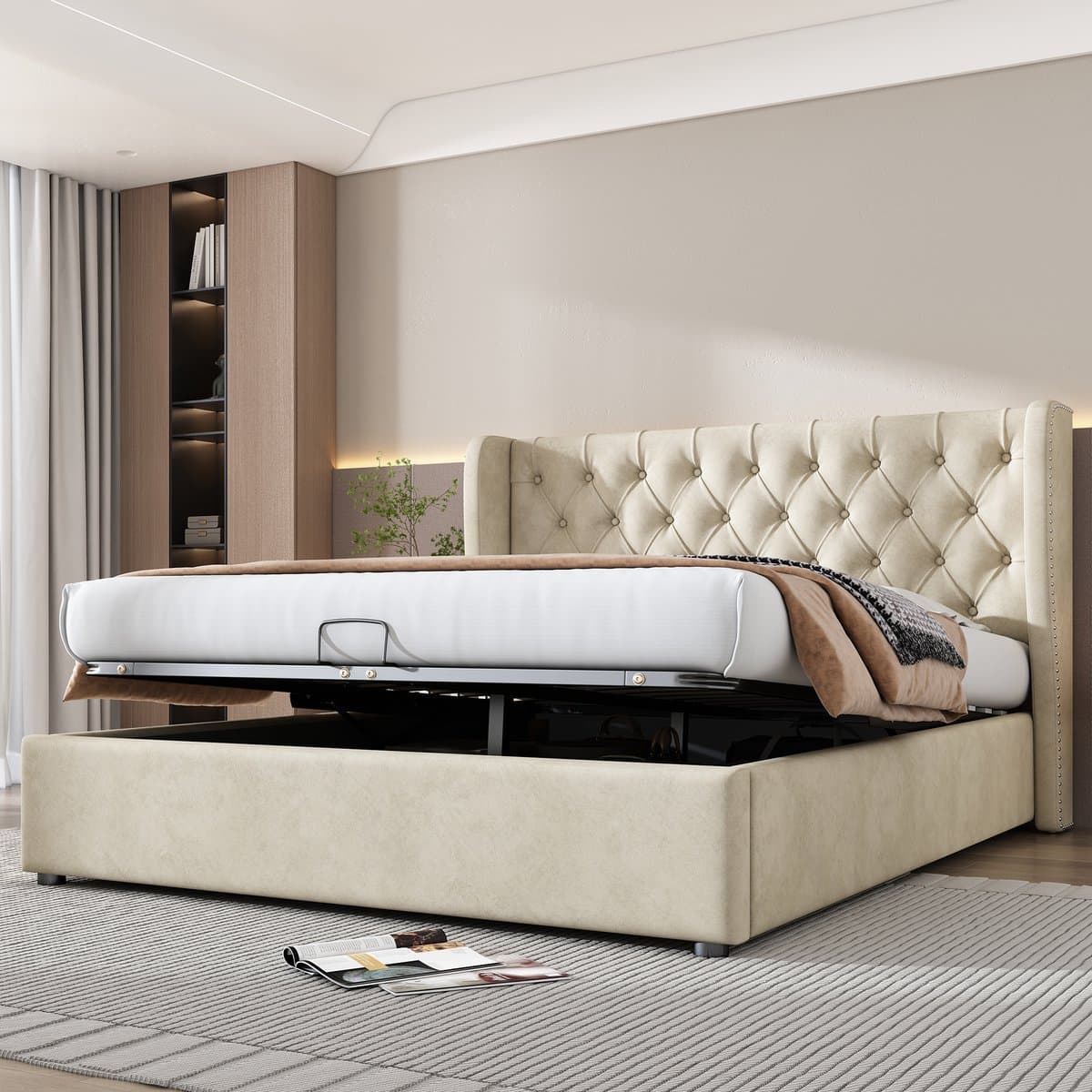 REDOM bed met opbergruimte 140x190 cm – Fluweel beige – Zacht hoofdbord, siernagels – Minimalistisch – 300 kg