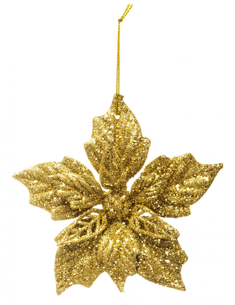 JJA - Gouden Glitter Poinsettia Ophangdecoratie 12 cm voor Kerstboom