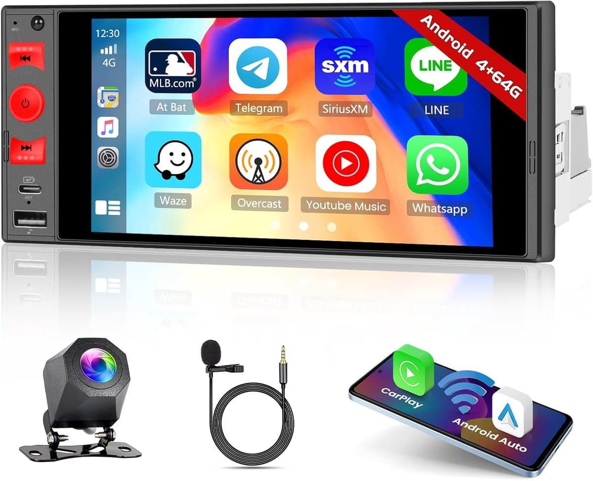 Autoradio Touchscreen - Multimedia Systeem - Navigatie Muziek - Draadloos Carplay Android Auto - 1 DIN Universeel
