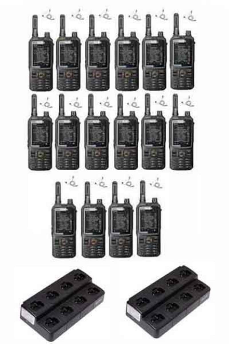 Set van 16 Inrico T320 V2 4G LTE Zello Portofoon, GPS, Wifi met multilader en beveiliging oortje