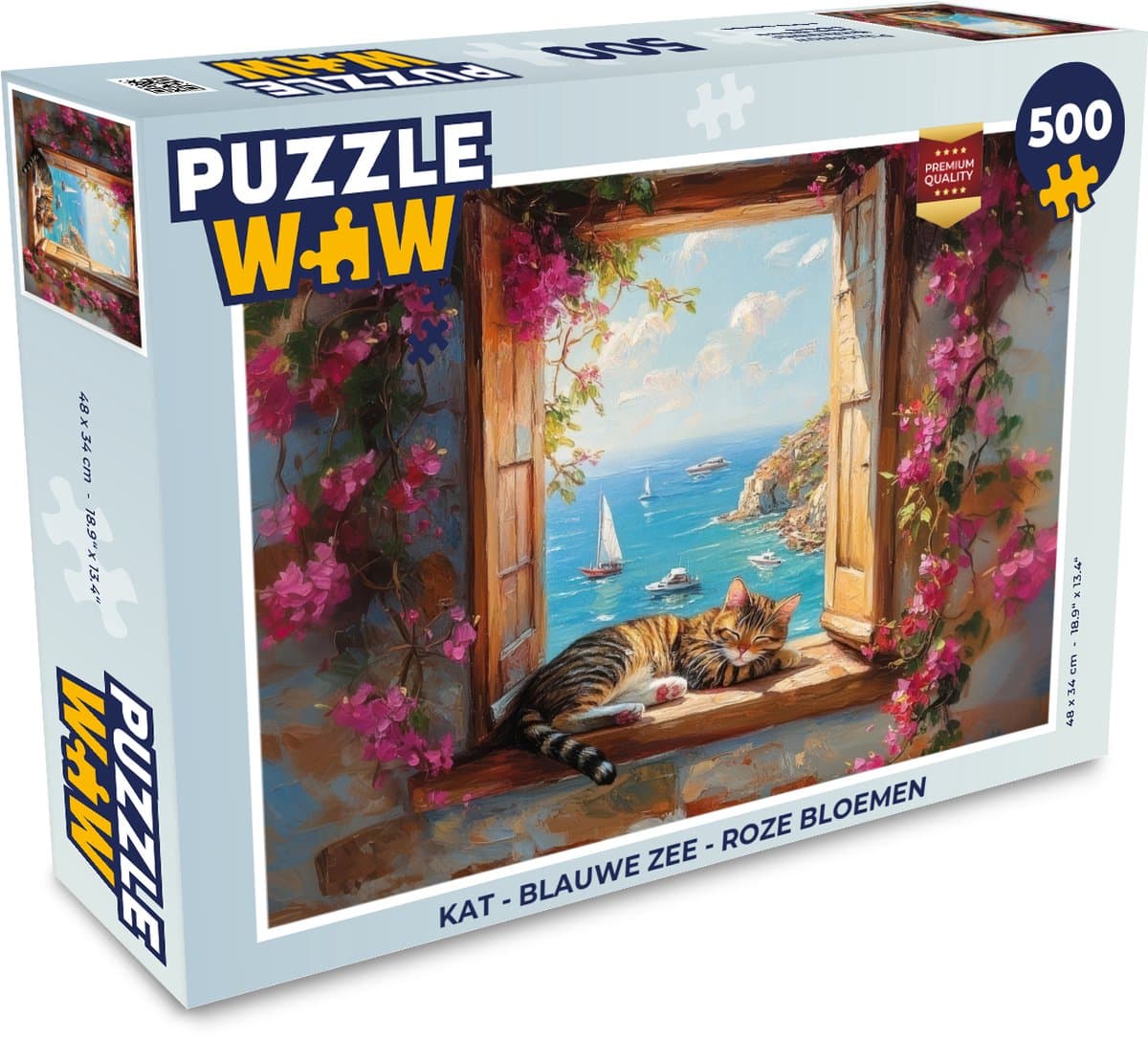 Puzzel Kat - Blauwe zee - Roze bloemen - Legpuzzel - Puzzel 500 stukjes