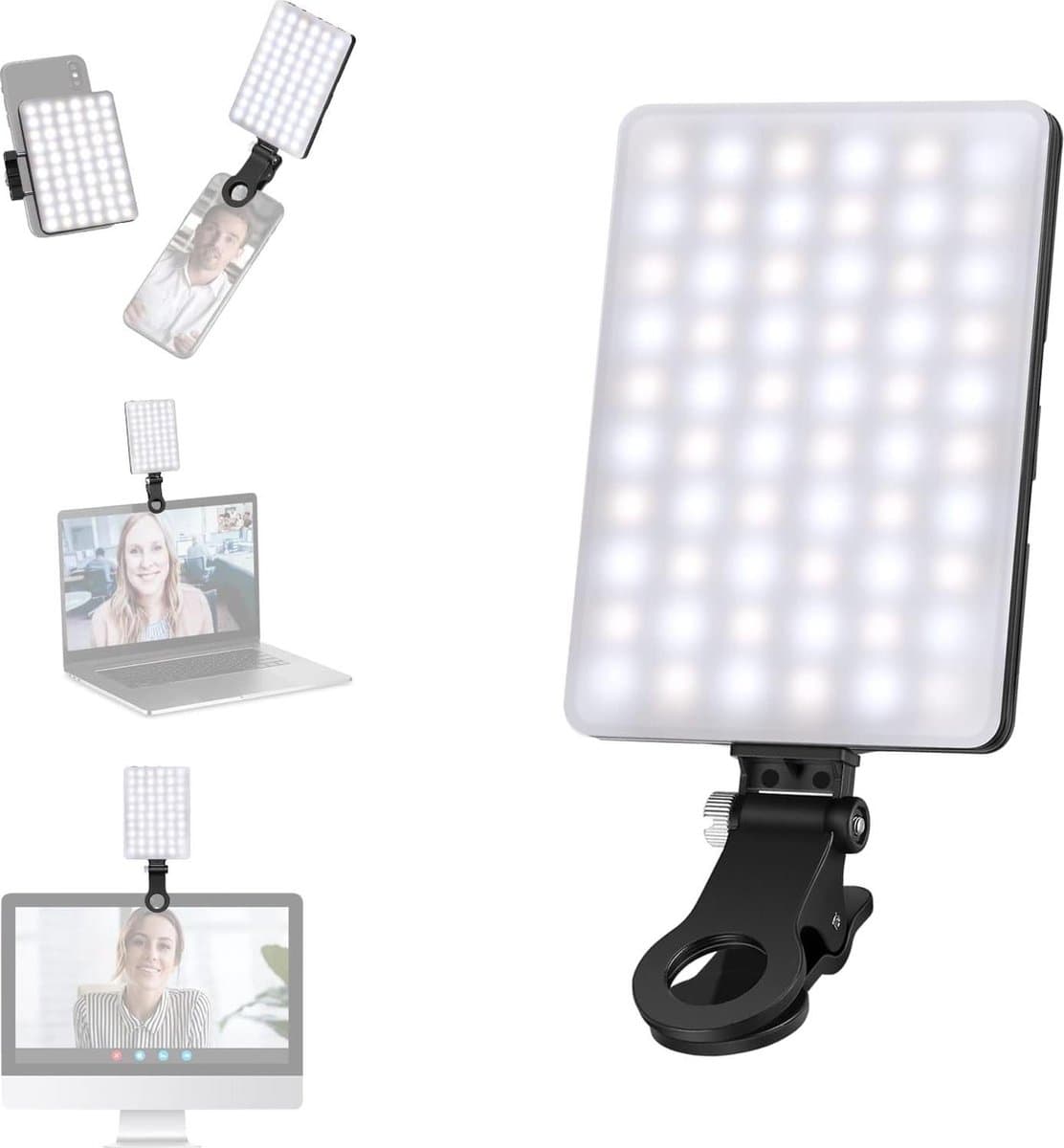 Selfielamp met telefoonclip voor en achter - 60 leds - 2000 mAh - CRI 95+ - 3 lichtmodi - draagbare clip-on-lamp - telefoon/tablet/laptop - zoomoproep - TikTok-video - invullicht
