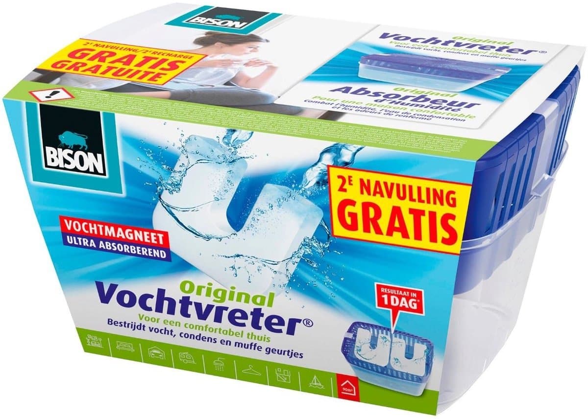 Bison Vochtvreter® neutraal 900g + 2 extra navulmagneten , incl. vochtmagneet, binnen 24 uur resultaat, geen stroom nodig, voor alle woonruimtes, campers, caravans, binnen 1 minuut te gebruiken