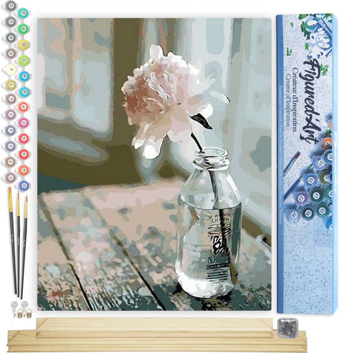 Figured'Art Schilderen op Nummer Volwassenen canvas Witte bloem - Handwerk acrylverf Kit DIY Compleet - 40x50cm met DIY houten lijst