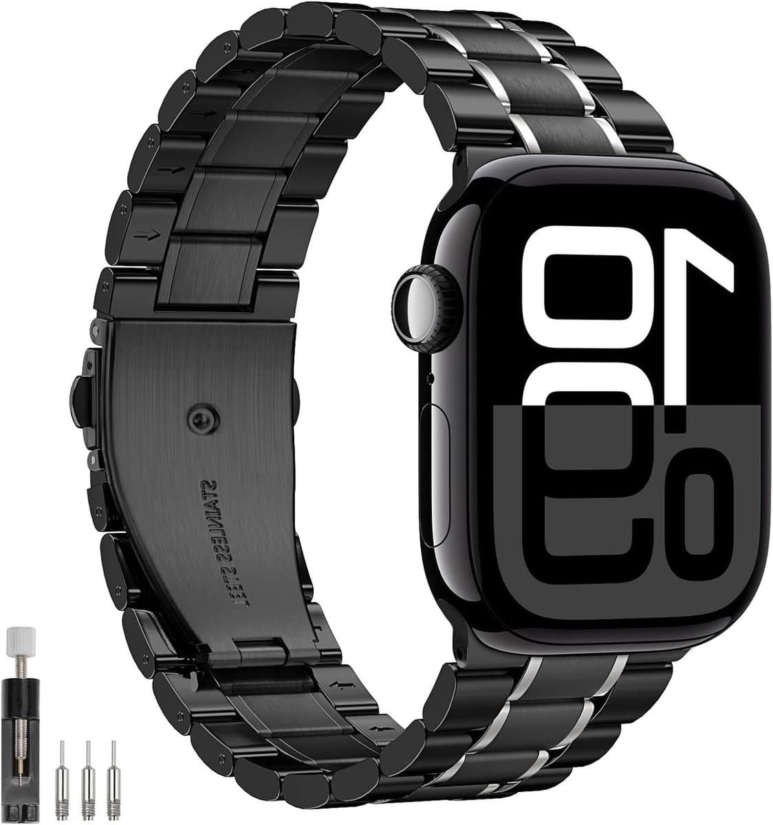 Stijlvolle RVS Horlogeband voor Apple Watch Ultra en Series 1-9, Verstelbare Mesh Vervangband in Zwart/Zilver, Geschikt voor 42-49mm