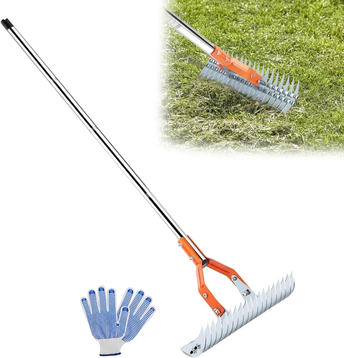 15 Inch Grasmaaier Riek, Krachtige Verticuteerhark met Handschoenen, 162cm Veelzijdige Hark voor Verdord Gras en Tuinonderhoud