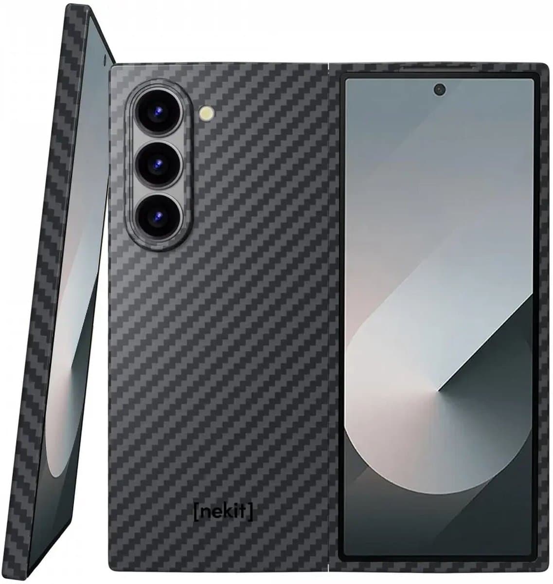 NEKIT Fiber Hoesje Geschikt voor Samsung Galaxy Z Fold 6 - Compatibel met MagSafe - Kevlar Aramidevezels 1500D - Back Cover Ultra Dun - Grijs/Zwart
