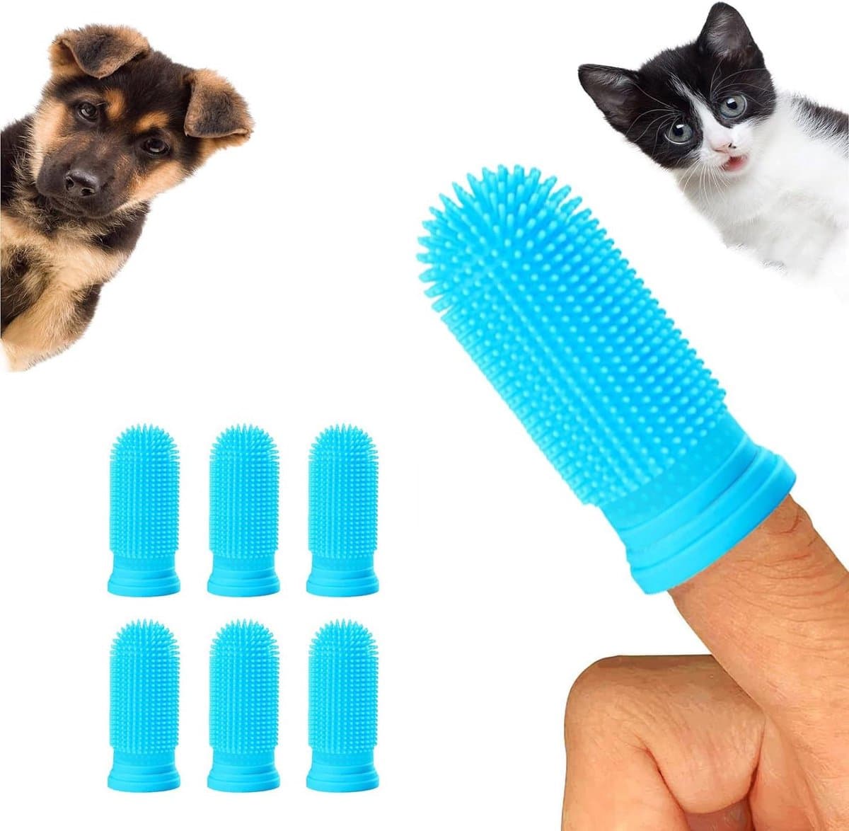 Vinger Tandenborstels - Hond Kat - Dierenverzorging Mond - 360 Graden Ontwerp - 6 Stuks - Blauw