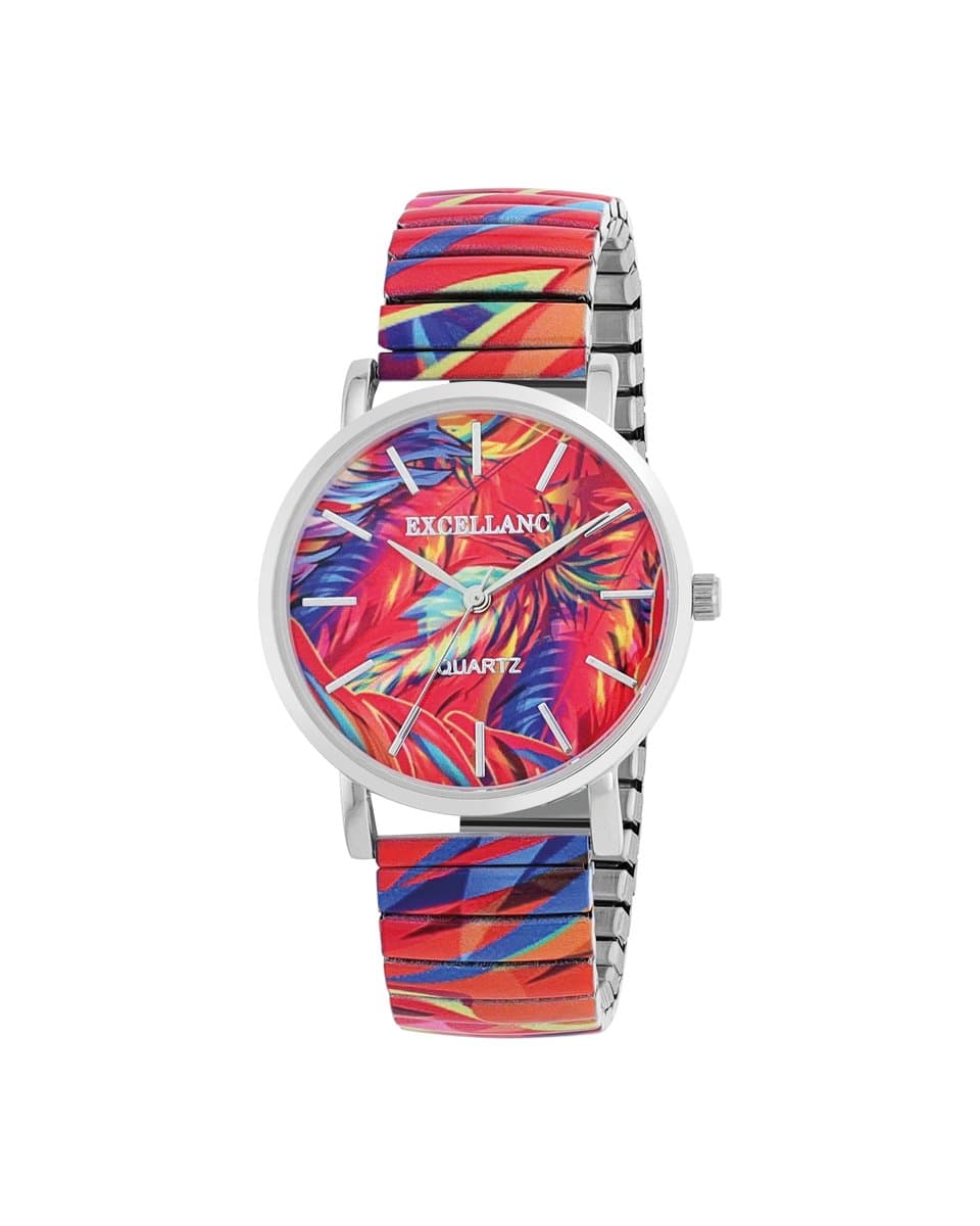EXCELLANC-dameshorloge -rekband-rekbare band-multicolor-model 1700060-geschikt voor bijna elke pols-3 atm waterdicht-diameter 36mm