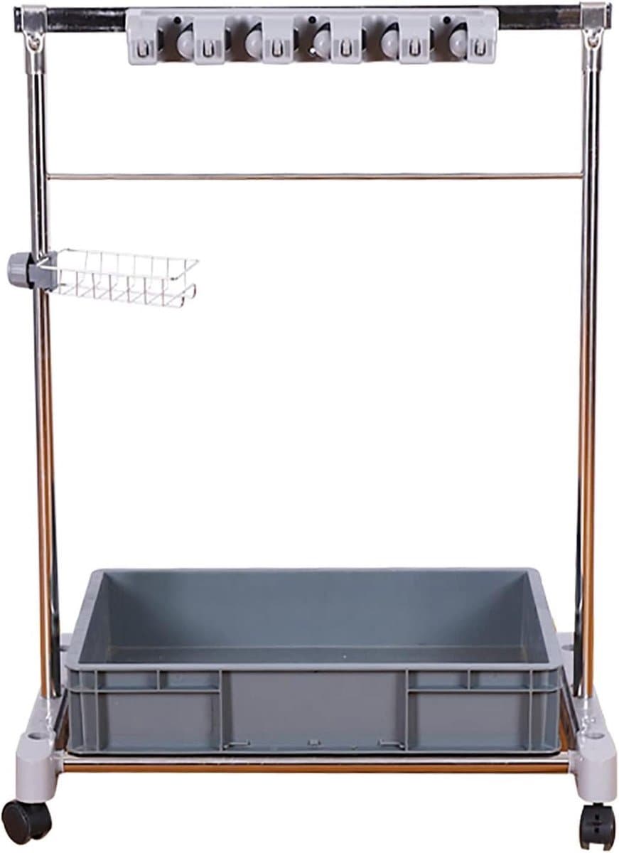 Bezem Houder Organizer - Mop Rack Trolley - Gereedschap Opslag - Beweegbaar met Wielen - Hoge Capaciteit - Grijs