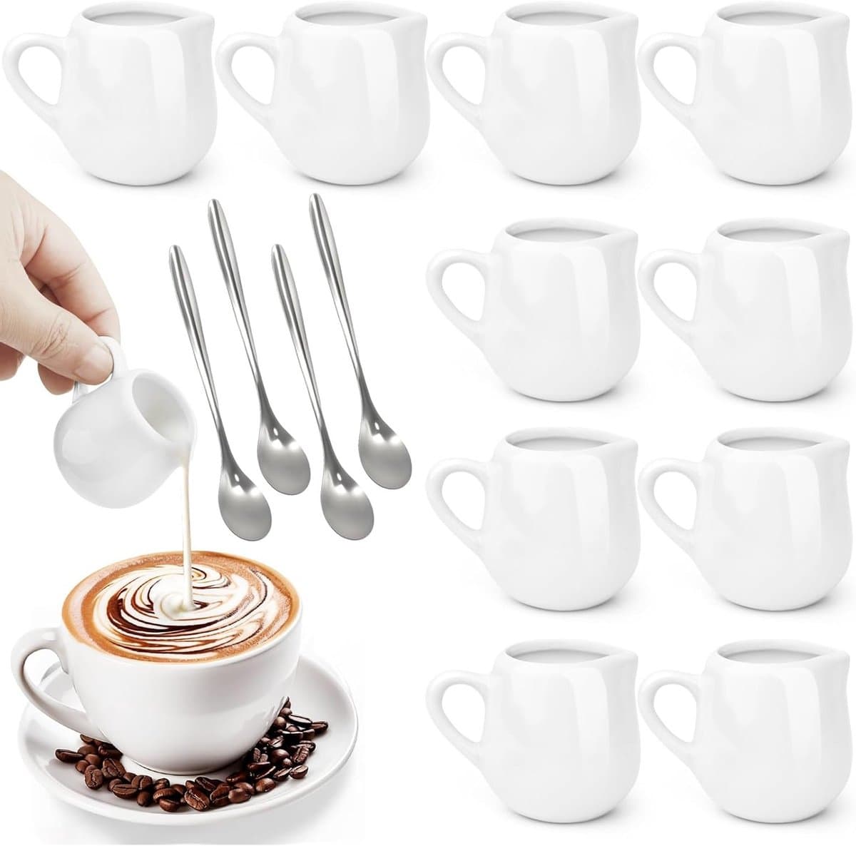 Mini Melkkannetjes Porselein Wit 50ml - Set van 10 Kleine Melkkannen met Oortje en 4 Koffielepels voor Koffie, Ontbijt en Saus