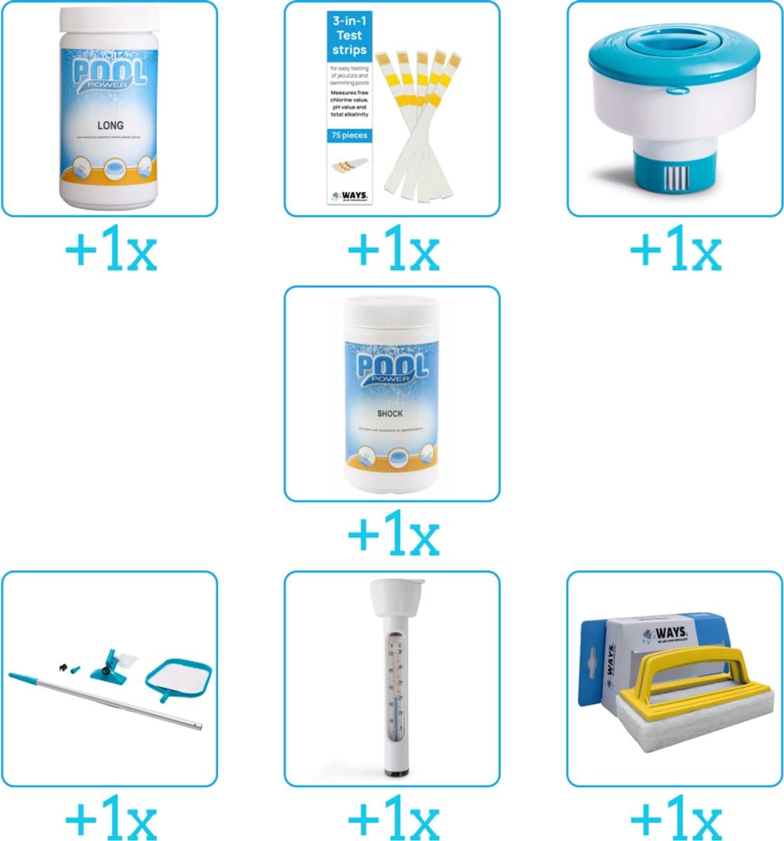 Zwembad Onderhoudspakket - Onderhoud Zwembad - bevat Chloor - Testrips - Chloordrijver - Chloor - Schoonmaakset - Thermometer en Scrubborstel (7-delig)