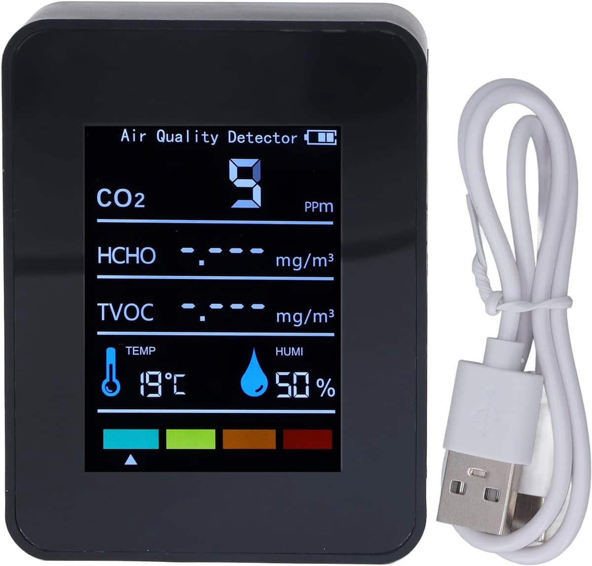 Luchtkwaliteitsmonitor - CO2-detector binnen - Binnenklimaat meten - Realtime detectie - 1200 mAh batterij - Zwart