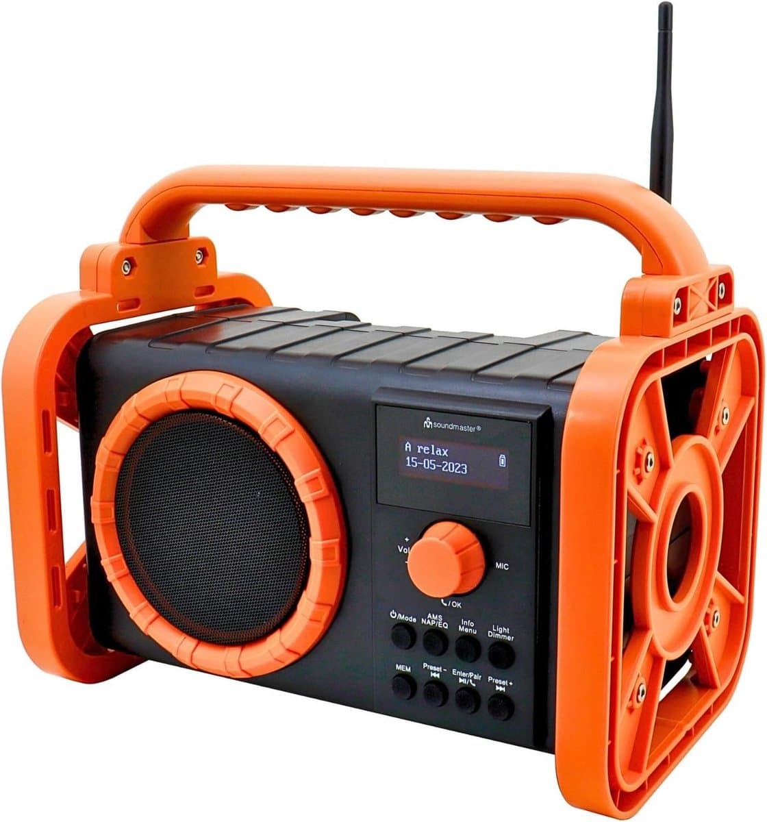Bouwplaats Radio - Draadloze Speaker - Outdoor Activiteiten - IP44 Stof- en Spatwaterdicht - 12 Uur Batterij - Oranje Zwart