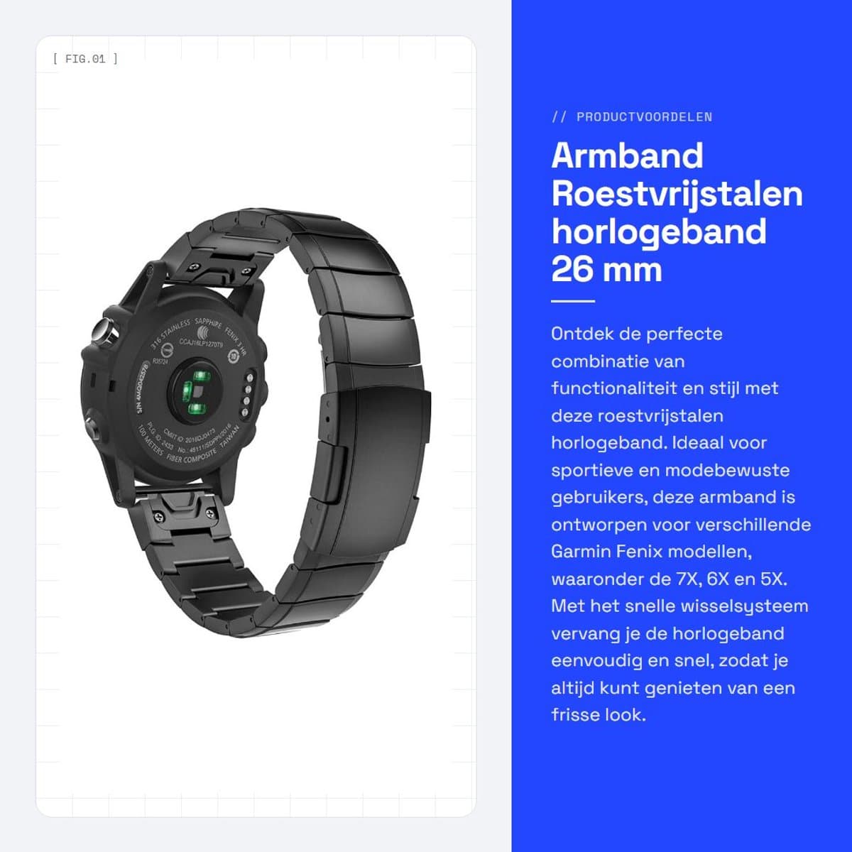 Dailygoods - Armband - Roestvrijstalen horlogeband - 26 mm Quick Fit - Zwart - Duurzaam en stijlvol - Geschikt voor Garmin Fenix 7X/6X/5X/3/Enduro