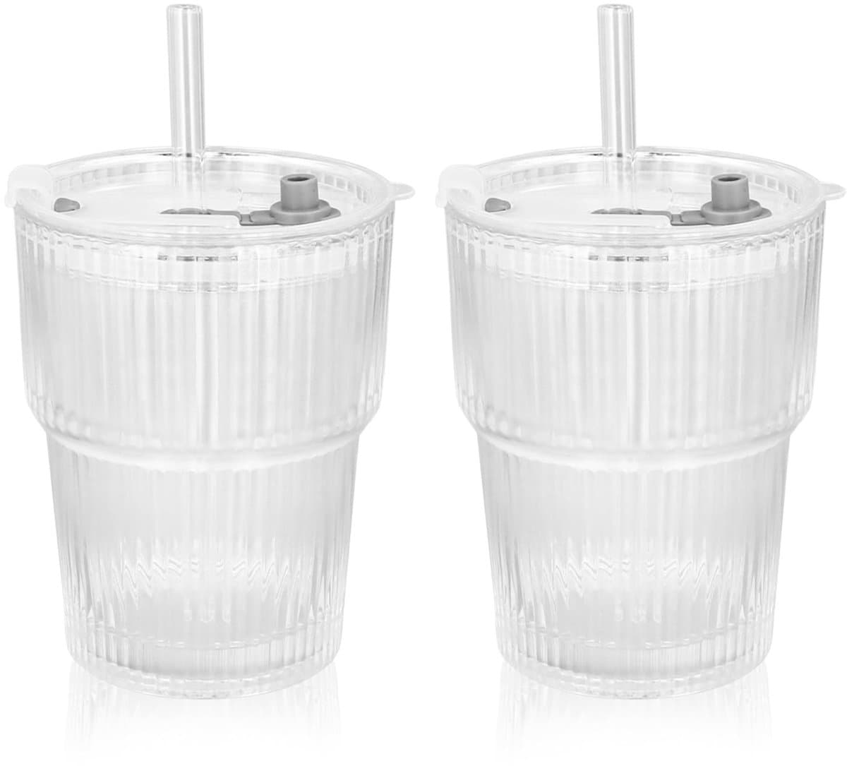 Glazen Beker met Deksel en Rietje - Set van 2 - Borosilicaatglas - 450 ml - Ideaal voor IJskoffie/Smoothies - Lekvrij Deksel - Drinkglas