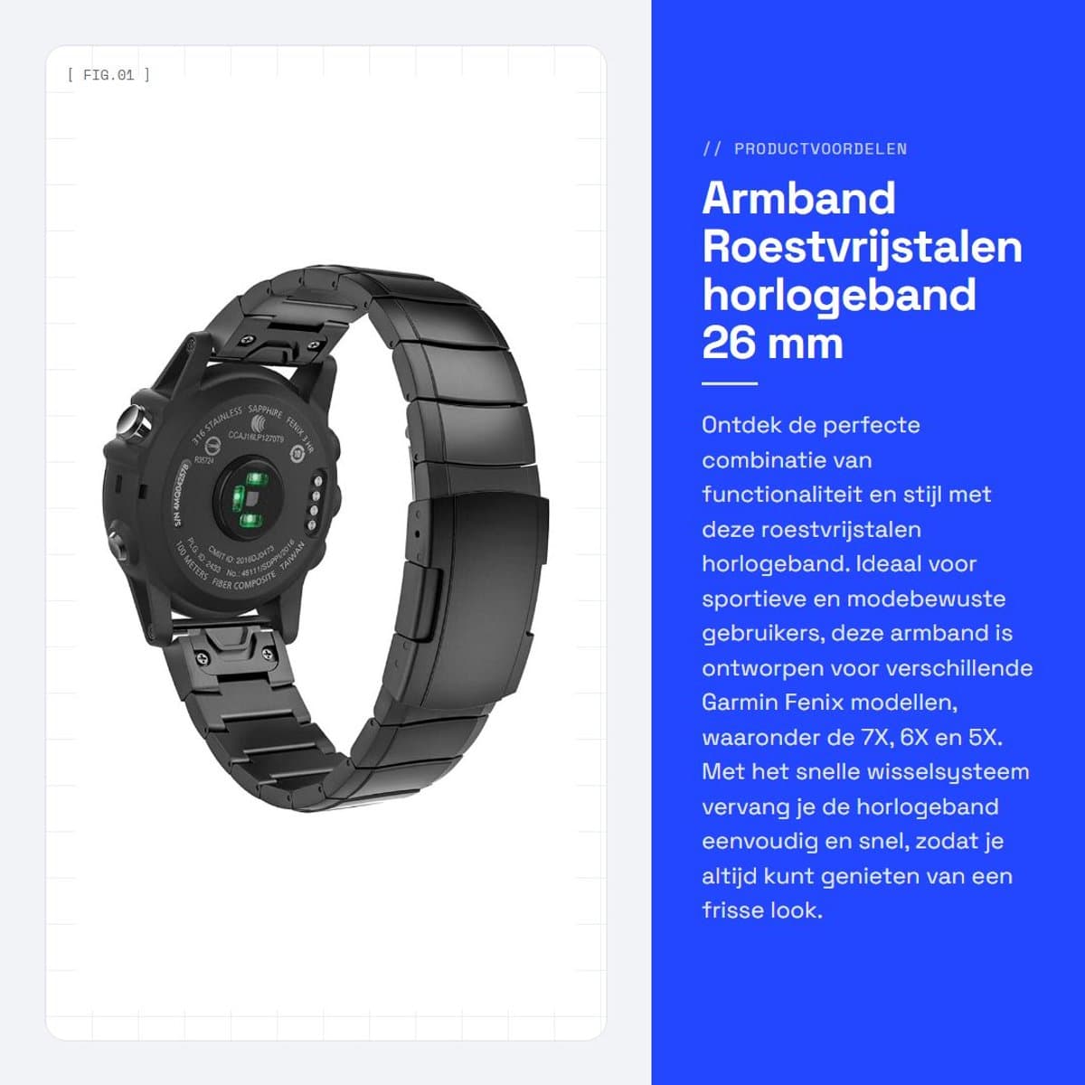 Dailygoods - Armband - Roestvrijstalen horlogeband - 26 mm Quick Fit - Zwart - Duurzaam en stijlvol - Geschikt voor Garmin Fenix 7X/6X/5X/3/Enduro