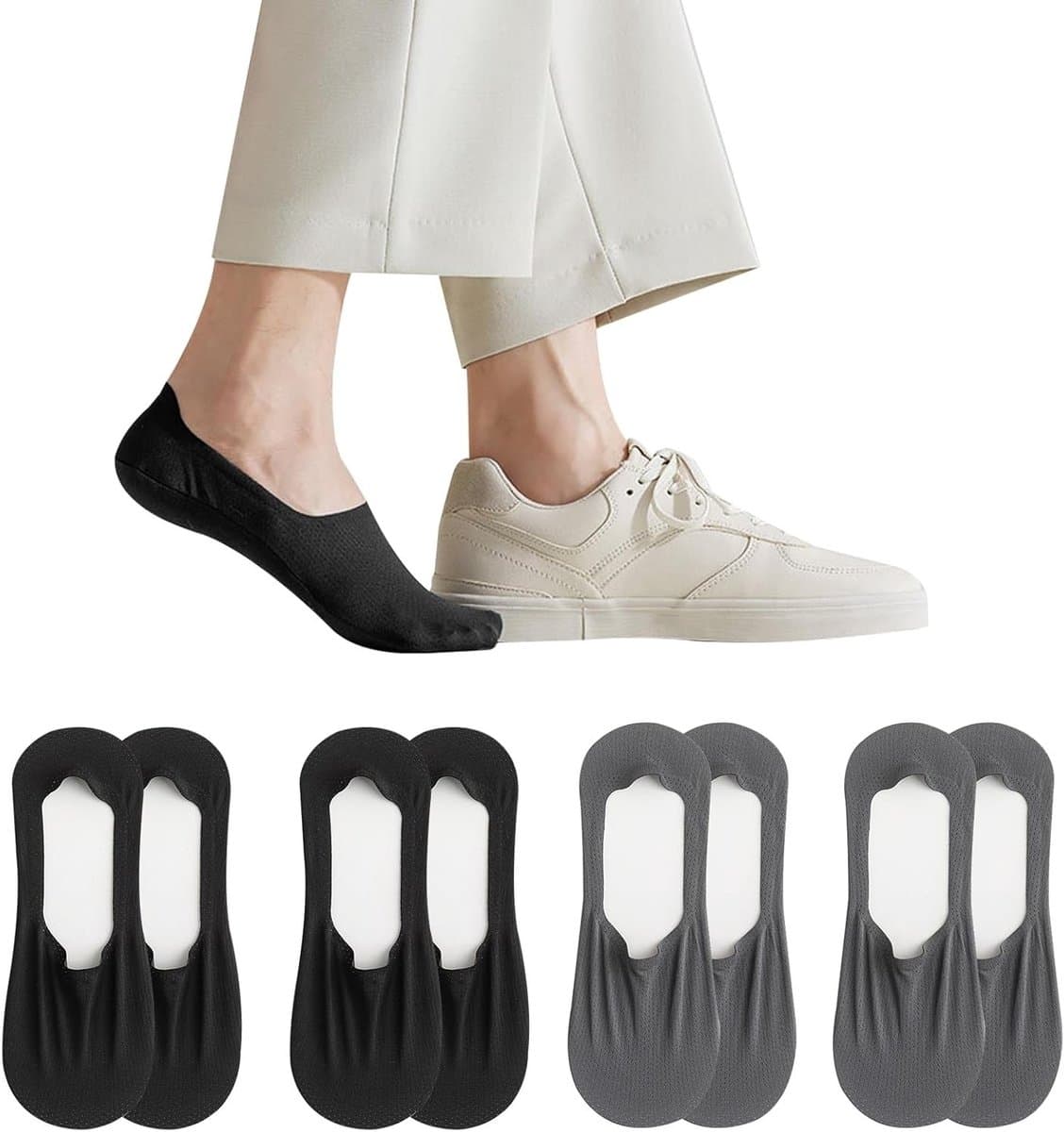 Onzichtbare Herensokken - 4 Paar Korte Antislip Sokken voor Zomer, Thuis en Sportschoenen, Zwart en Grijs, Maat 40-44