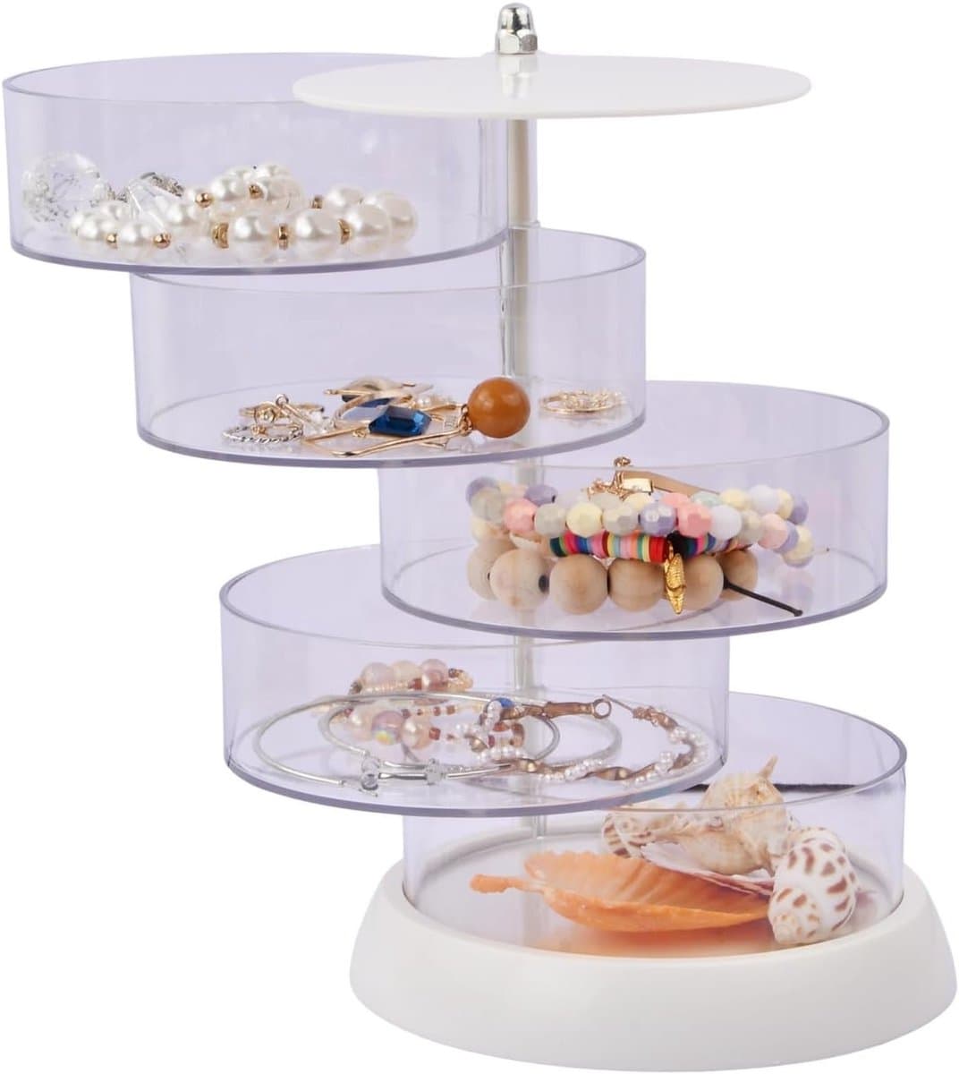 Sieradenopbergdoos - 5-laags doorzichtige acryl draaibare doos met deksel voor vrouwen - roterende oorbel-organizerdoos voor ketting en armband