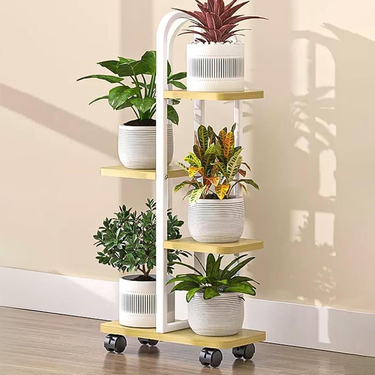 Plantenstandaard met etages - Bloempothouder rek - Planten presenteren - Met 360° draaibare wielen - 419 x 22 cm - Wit