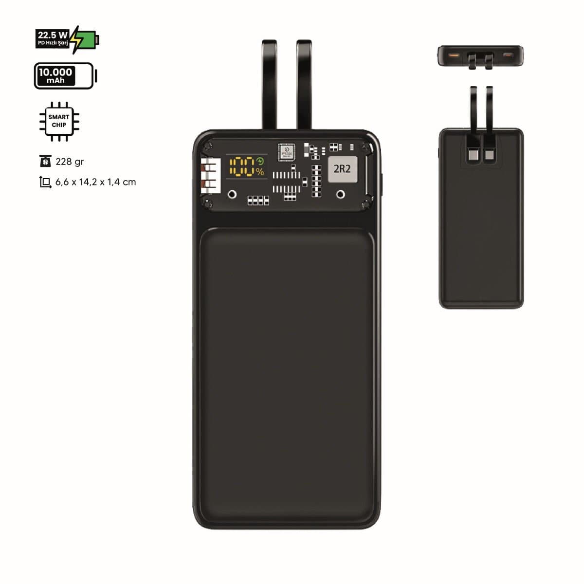 Electrox - Powerbank 10000 mAh - 22.5W Snellaad Functie - USB-A, USB-C & iOS - Universeel voor Smartphones, Tablets & Gadgets - Reis Powerbank - Draagbare Lader - Quick Charge - Cosmo - Zwart