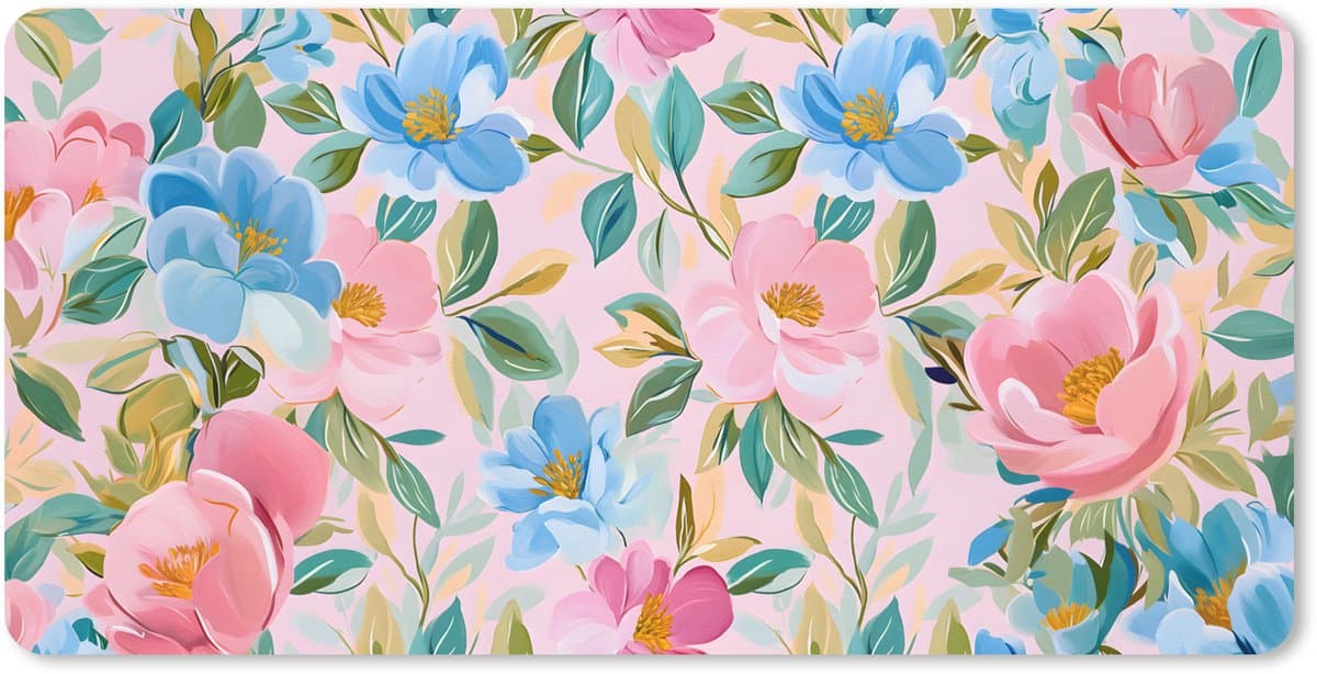 Muismat XXL 80x40 cm - Bureau onderlegger - Bureau mat Blauw - Roze - Bloemen - Bureaumat - Gaming mousepad xl - Bureaulegger groot - Computer deskmat