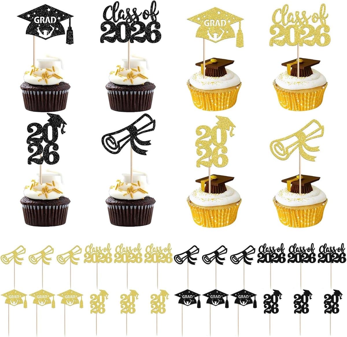 24 stuks 2026 afstudeertaartdecoratie, 2026 Graduation cupcake, afstudeerfeest, cupcake-toppers, bachelorhoed, afstudeerdecoratie voor afstudeerfeest, decoratie (zwart/goud)