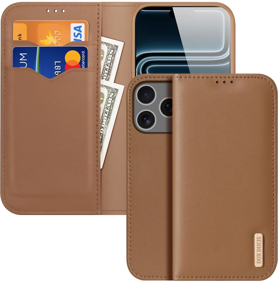Dux Ducis Hoesje - Geschikt voor iPhone 18 Pro Max Hoesje - Dux Ducis Hivo - Genuine Leather Book Case - Bruin
