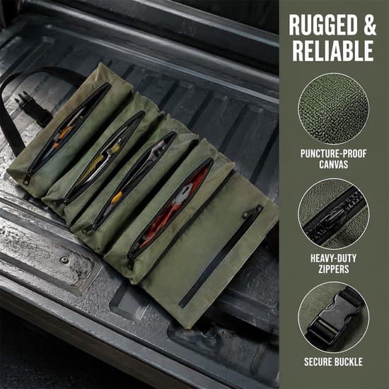Tool Roll Organizer - 1 Stuks - Gereedschapstas Auto & Klus - Gereedschapsetui - Toolpack - 5 Ritsvakken - Gereedschapsrol - Canvas - Met Ophanglus & Handgreep - Voor Monteurs & Klussers - Groen - TENGYIF®