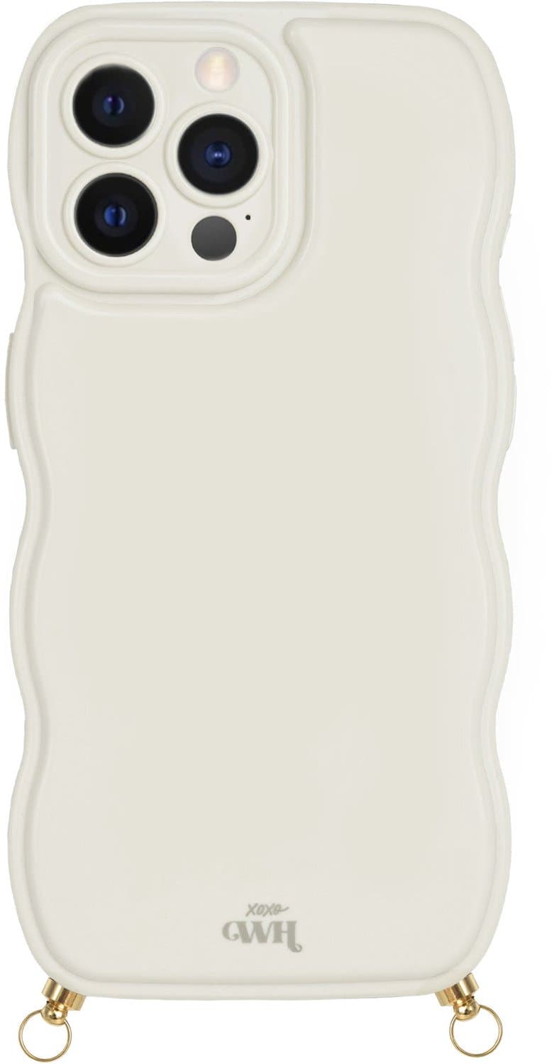 xoxo Wildhearts Glossy Wavy Cord Case Beige telefoonhoesje - Geschikt voor iPhone 12 Pro - Golvend hoesje geschikt voor telefoonkoord - Glimmende silicone case met golven - Vlekbestendig hoesje met haakjes - Beige / Crème