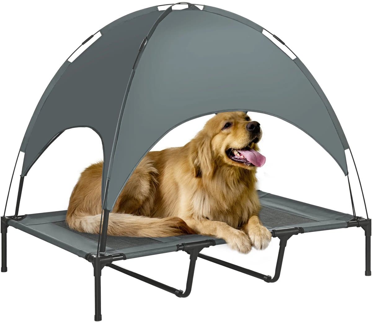 Hondenbed - Honden bed buiten - Honden stretcher - Grijs/Zwart - Zonnescherm - Waterafstotend - 122x92x108cm - Verhoogd ontwerp