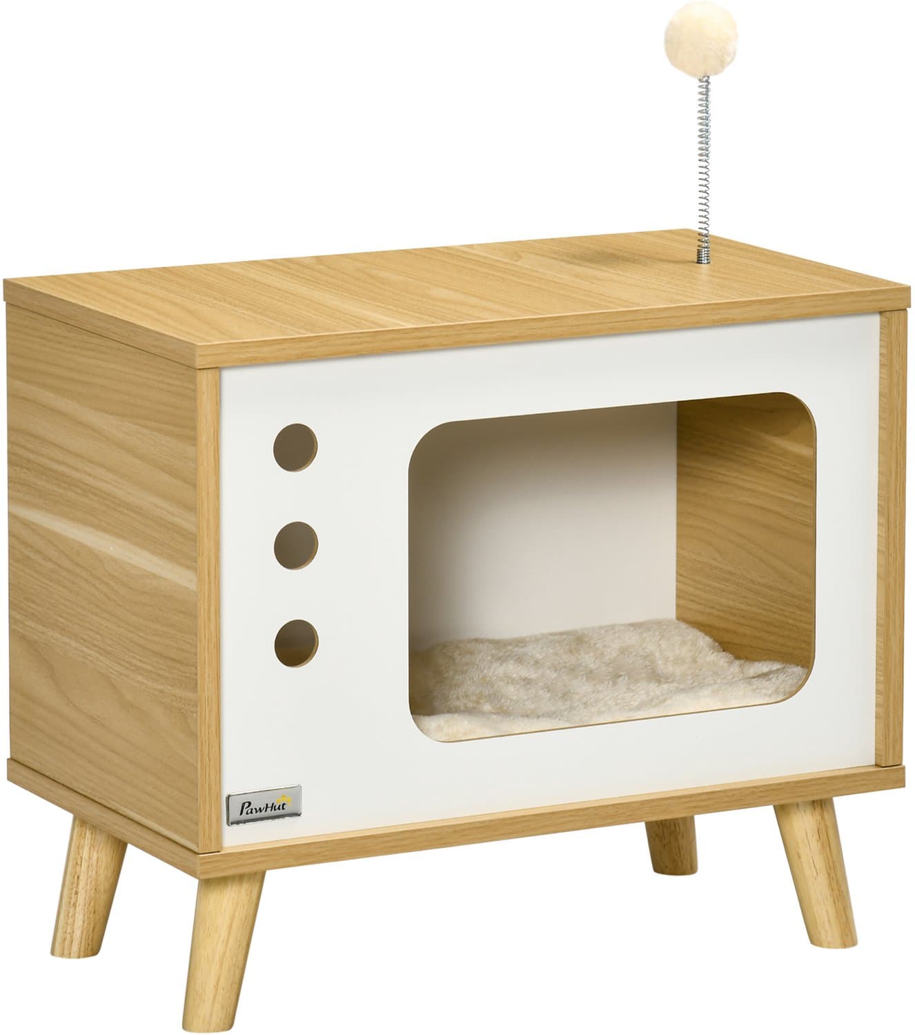 Pawona Kattenhuis in tv-design - Met wasbaar kussen en speelbal - 50 x 28 x 43 cm - Eiken/Beige/Wit