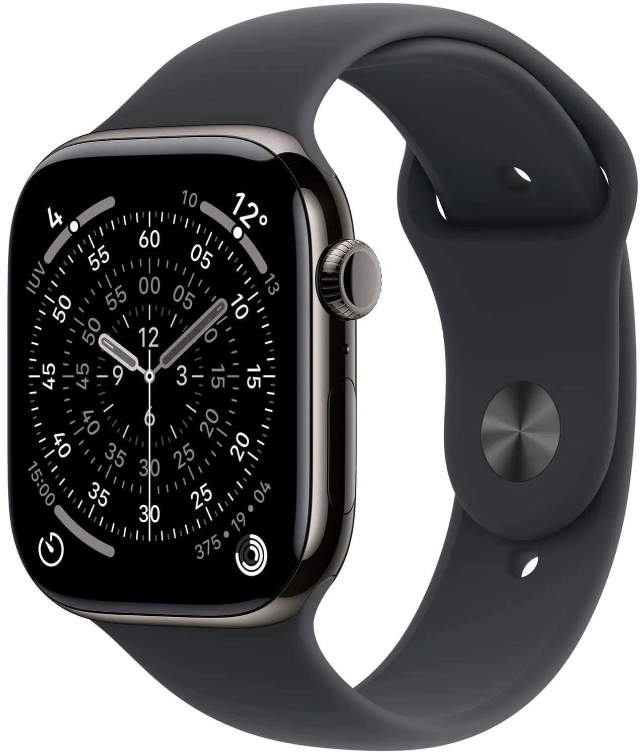 Apple Watch Series 11 GPS + mobiel netwerk, 46 mm, slate titanium behuizing met zwarte sportband - S/M