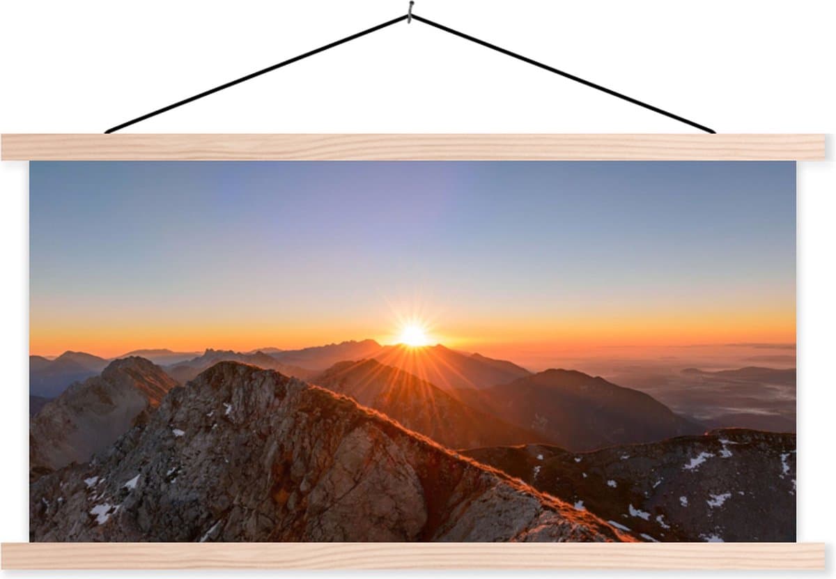 Posterhanger incl. Poster 150x75 cm - Schoolplaat - Berg - Landschap - Zon - Textielposter - Blanke latten