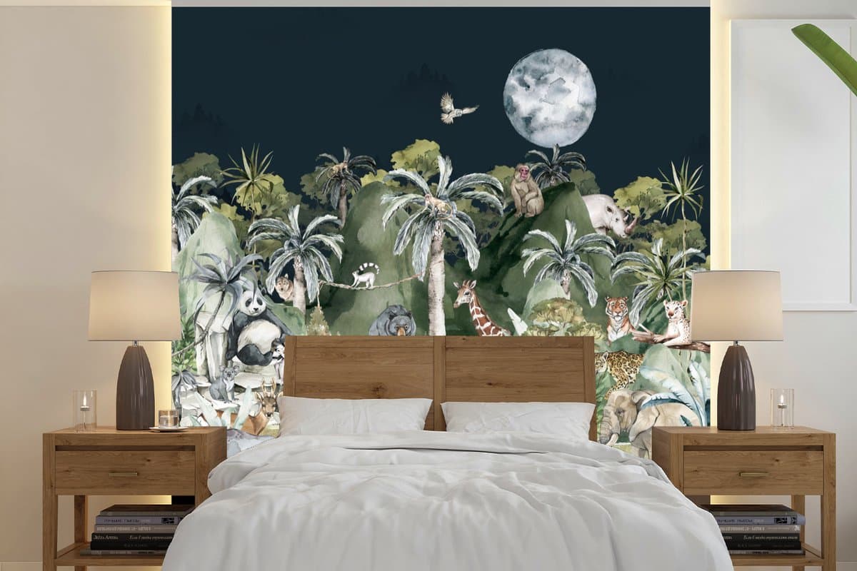 Behang kind - Decoratie kinderkamer - Jungle - Maan - Nacht - Slaapkamer - Dieren - Kinderen - Baby - 300x300 cm - Kinderbehang