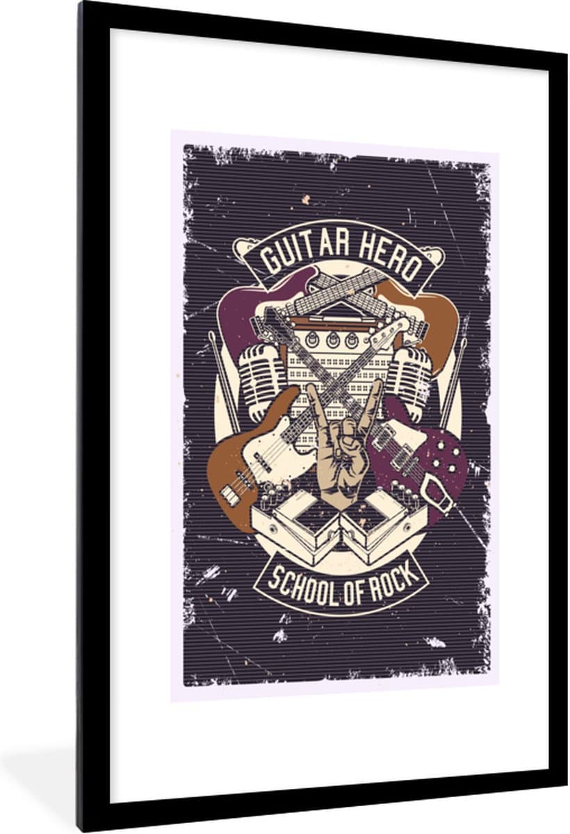 Poster in lijst - Fotolijst 80x120 cm - Posters - Gitaar - Retro - Illustratie - Posterlijst zwart - Decoratie - Wanddecoratie woonkamer - Muurdecoratie slaapkamer