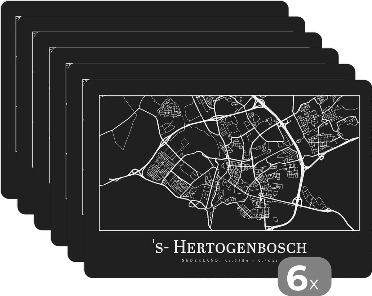 Placemat - Placemats kunststof - Plattegrond - 's-Hertogenbosch - Stadskaart - Kaart - 45x30 cm - 6 stuks - Hittebestendig - Anti-Slip - Onderlegger - Afneembaar