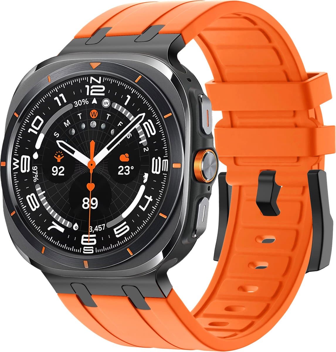 Bandz Siliconen band 'Luxe Liquid' - geschikt voor Samsung Galaxy Watch Ultra / Ultra 2025 (oranje met zwarte connectors)